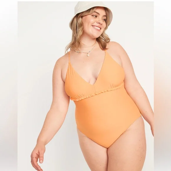 🆕 Old Navy Women’s V-Neck Ruffle-Trim Cutout One Piece Swim Swimsuit Mango 8-10 - Picture 6 of 15